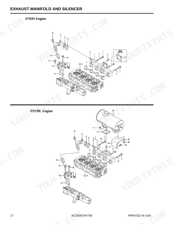 Yanmar 4TNV98: Exploded view of exhaust manifold and silencer.