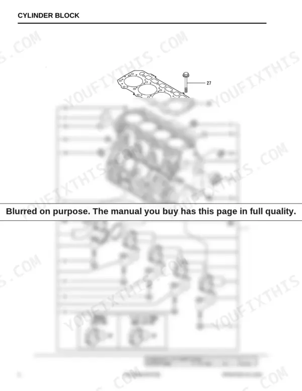 805fccaf-b-exploded-view-4 Yanmar 4TNV98 cylinder block exploded view showing main bearings, caps, and head gasket.