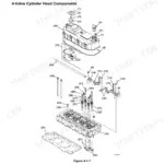 Yanmar SV100-1 engine exploded view diagram showing 4-valve cylinder head components, valves, springs, and rocker arm assembly.