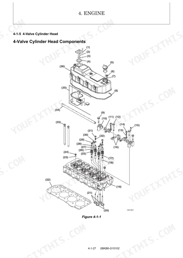 80d8436b-b2-exploded-view-93 Yanmar SV100-1 engine exploded view diagram showing 4-valve cylinder head components, valves, springs, and rocker arm assembly.