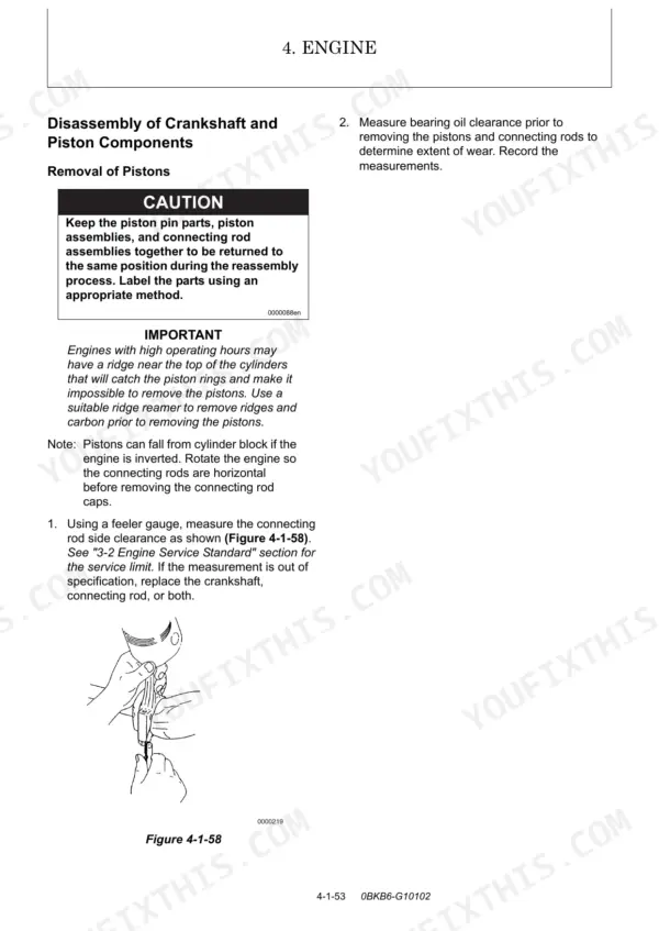 Yanmar SV100-1 engine service manual page showing piston removal procedures, bearing oil clearance, and rod side clearance diagram.