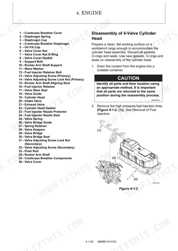 Yanmar SV100-1 engine cylinder head disassembly procedure, parts list, and fuel injection line removal diagram.