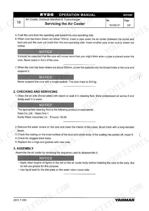 8134a111-b-procedures-190 Yanmar 6EY26W operation manual: air cooler core removal, cleaning, and assembly procedures.