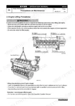 8134a111-b-procedures-30 Yanmar 6EY26W engine lifting procedures, safety warnings, and diagram showing sling attachment points for engine lifting.