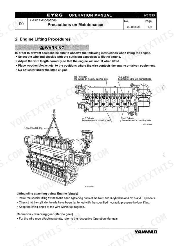 Yanmar 6EY26W engine lifting procedures, safety warnings, and diagram showing sling attachment points for engine lifting.