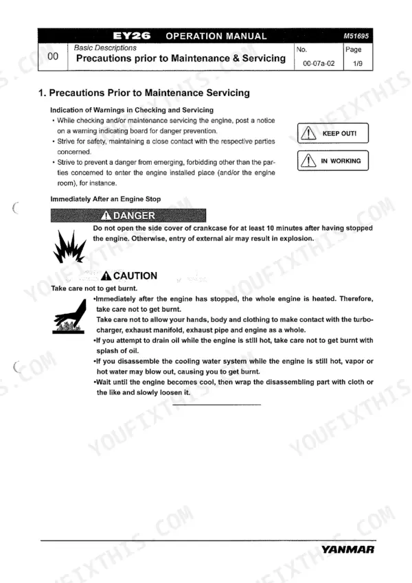 Yanmar 6EY26W operation manual page covering safety precautions prior to engine maintenance and servicing procedures.