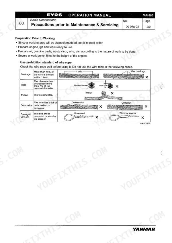 Yanmar 6EY26W operation manual page showing maintenance preparation and wire rope inspection prohibition standards table.
