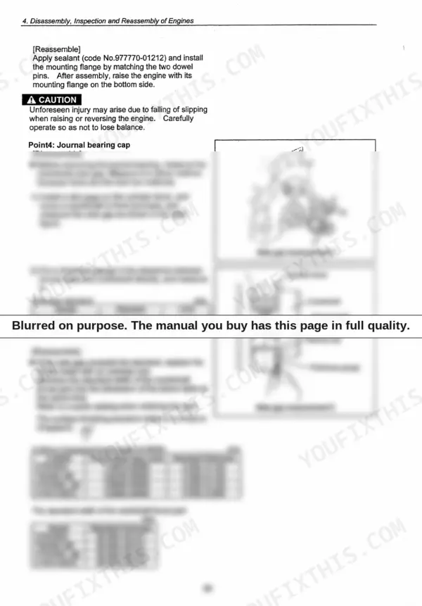 Yanmar 3TNV, 4TNV series engine journal bearing cap side gap measurement procedures, diagrams, and clearance tables.