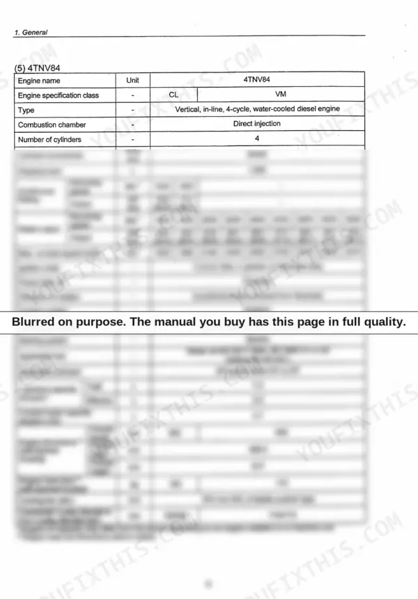 Yanmar TNV-series engine specifications table for 4TNV84 model including dimensions, capacity, and output ratings.