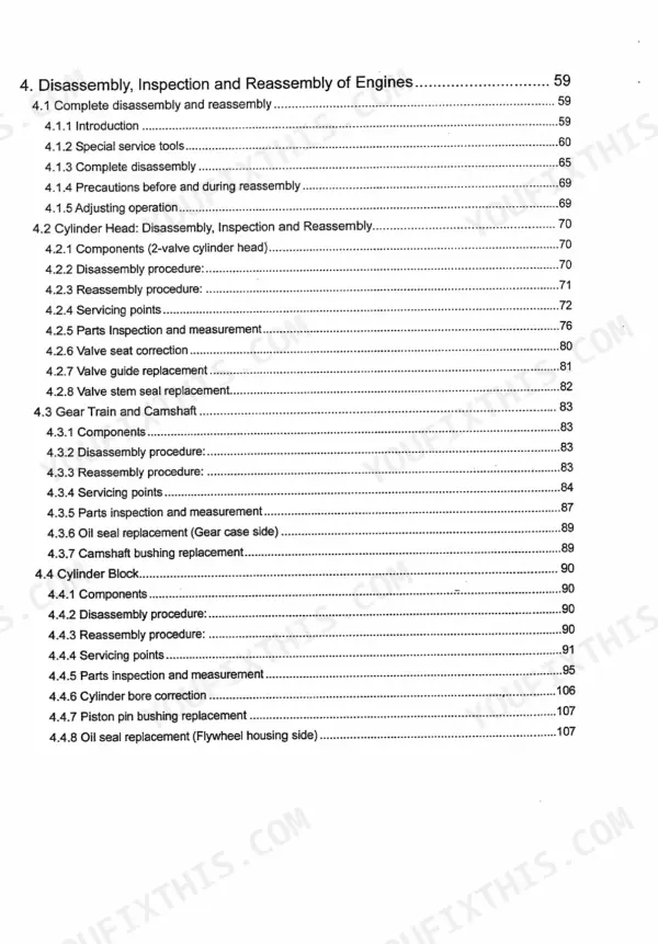 Yanmar 3TNV, 4TNV series service manual table of contents for engine disassembly, inspection, and reassembly procedures.