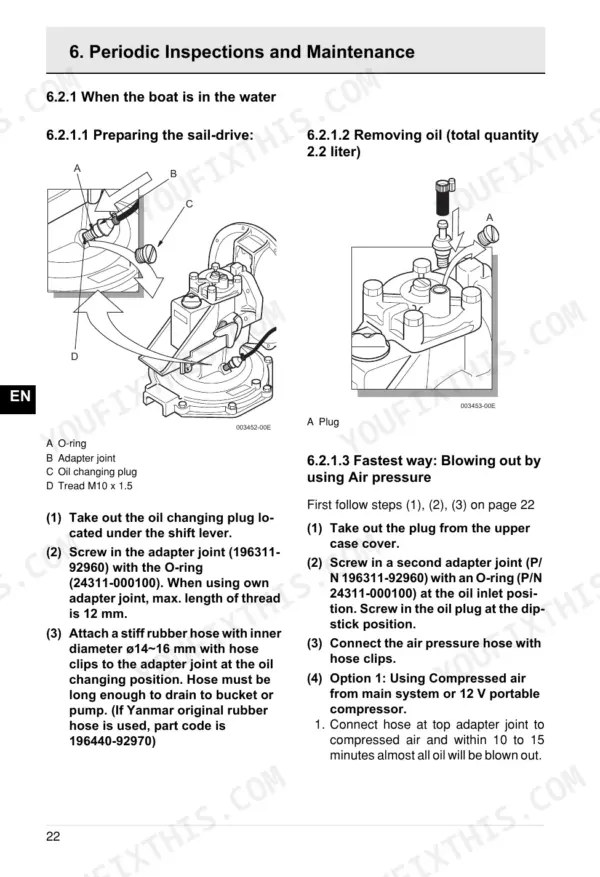 Yanmar SD20, SD50, SD50-4T, 1GM10C, 2YM15, 3YM20, 3YM30, 3JH4E, 4JH4E, 4JH3-TCE sail-drive oil change and air pressure procedure.