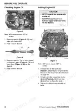 Yanmar 4BY, 6BY, BY series engine oil checking and adding procedure with dipstick and filler cap diagrams.