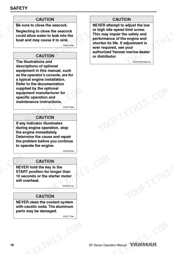 Yanmar 4BY, 6BY, BY series safety manual page listing caution warnings for seacock, idle speed, and coolant maintenance.