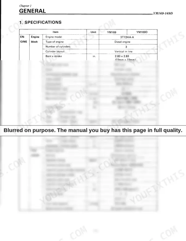 Yanmar YM169, YM169D engine block and fuel system technical specifications table including bore, stroke, and valve timing.