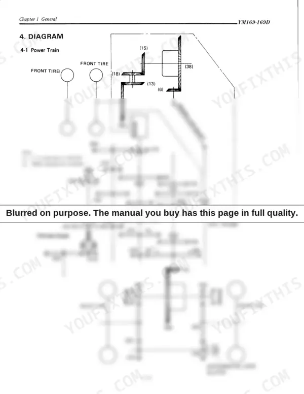Yanmar YM169, YM169D power train system diagram showing engine, propeller shaft, one-way clutch, and differential lock.