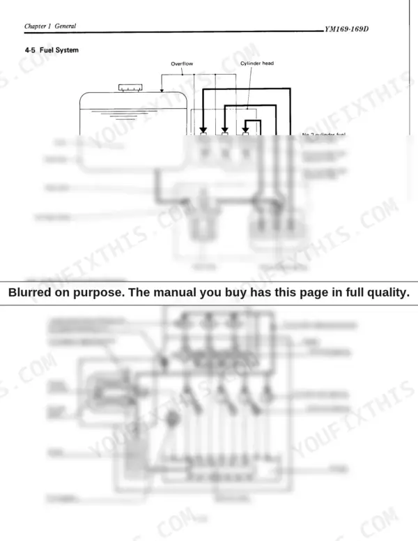 Yanmar YM169, YM169D fuel system and engine lubricating system schematic diagrams showing flow paths and components.