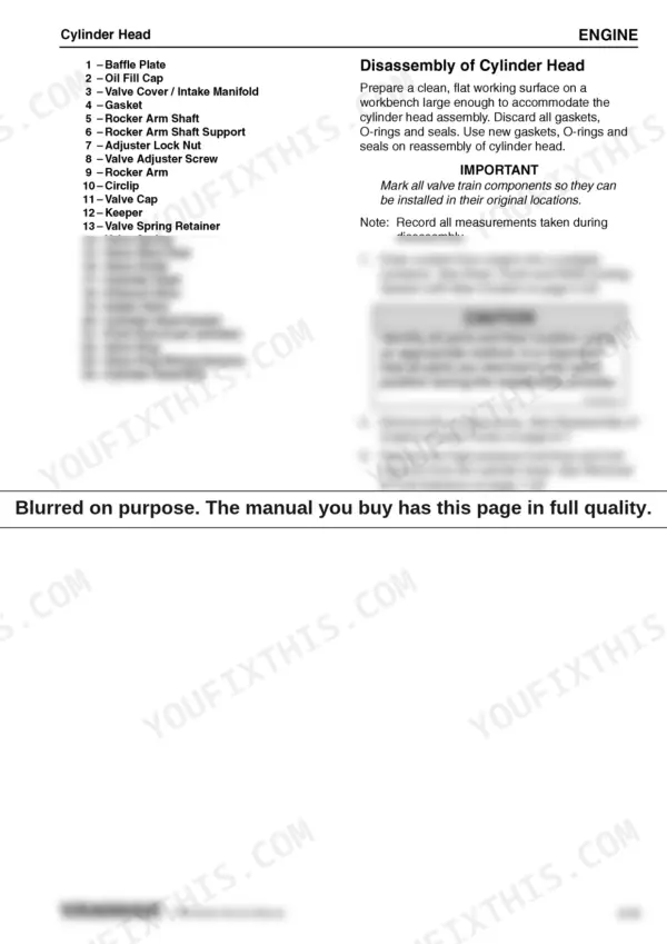 Yanmar 3TNM68, 3TNM72 cylinder head disassembly procedure and component parts list for valve train and engine head.