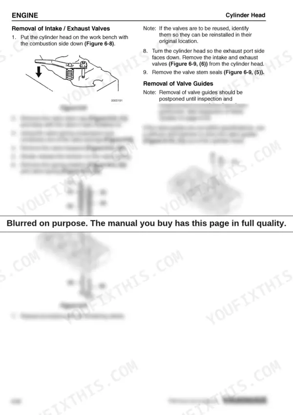 Yanmar 3TNM68, 3TNM72 cylinder head intake and exhaust valve removal and valve guide removal procedure diagrams.