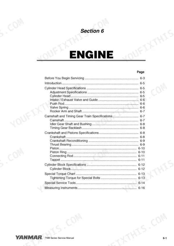 89f24802-b-toc-103 Yanmar 3TNM68, 3TNM72 engine section table of contents listing cylinder head, camshaft, crankshaft, and piston specs.