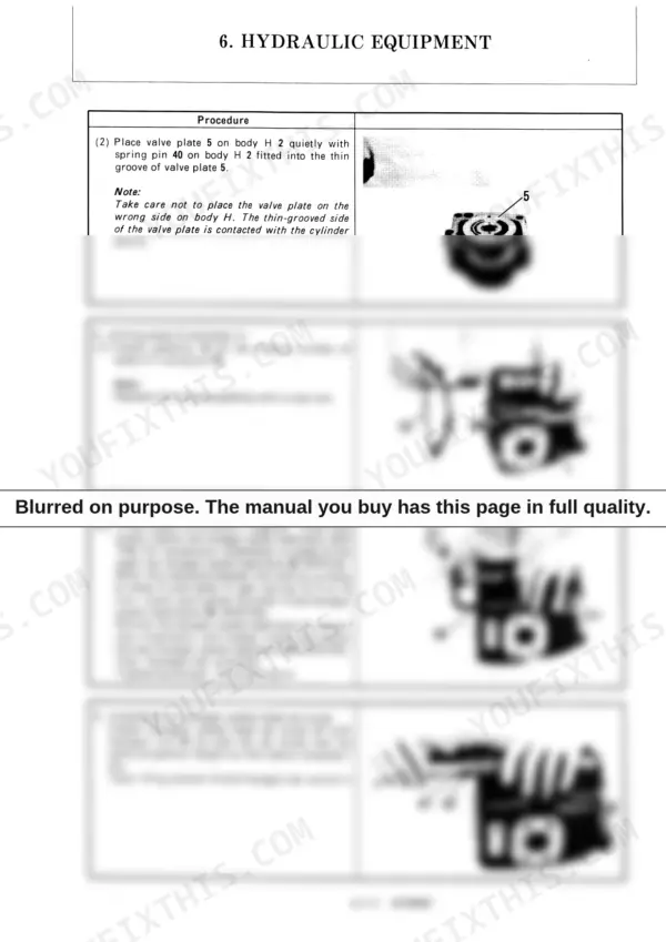Yanmar B25V hydraulic pump assembly procedure: installing valve plate, packing, and tightening housing bolts.