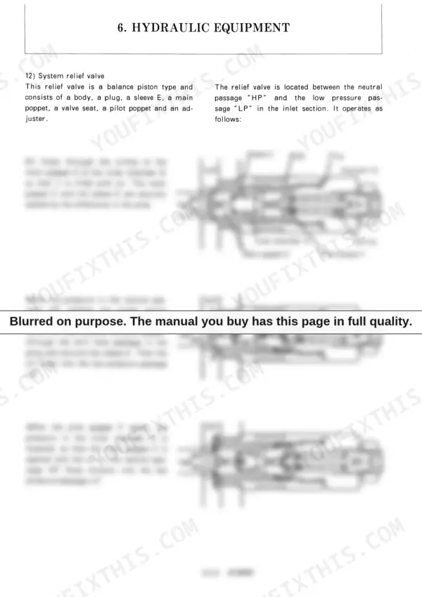 Yanmar B25V hydraulic system relief valve operation diagram showing main poppet, pilot poppet, and oil flow paths.