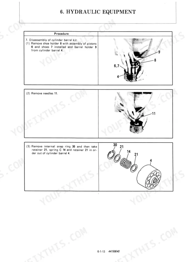 Yanmar B25V hydraulic equipment service manual: disassembly procedure for the cylinder barrel kit, pistons, and snap ring.
