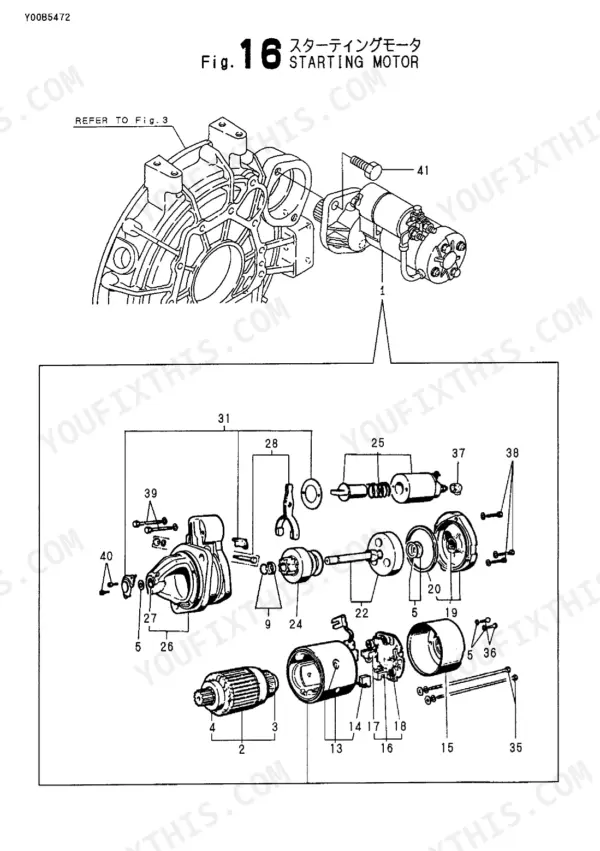 Yanmar 4TNE98-BV, VIO70, 4TNE98-BV(VIO70) exploded view diagram of the starting motor assembly components.