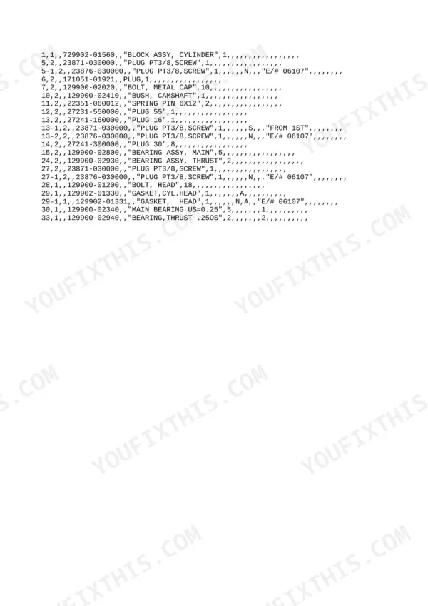 Yanmar 4TNE98-BV, VIO70, 4TNE98-BV(VIO70) parts list for cylinder block, head gasket, bearings, and screw plugs.