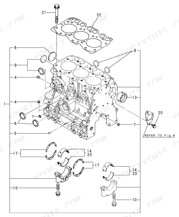 8d63a826-b2-exploded-view-3 Yanmar 3TNE68-EBVB, Y00B6920 exploded view of cylinder block, main bearings, and head gasket components.