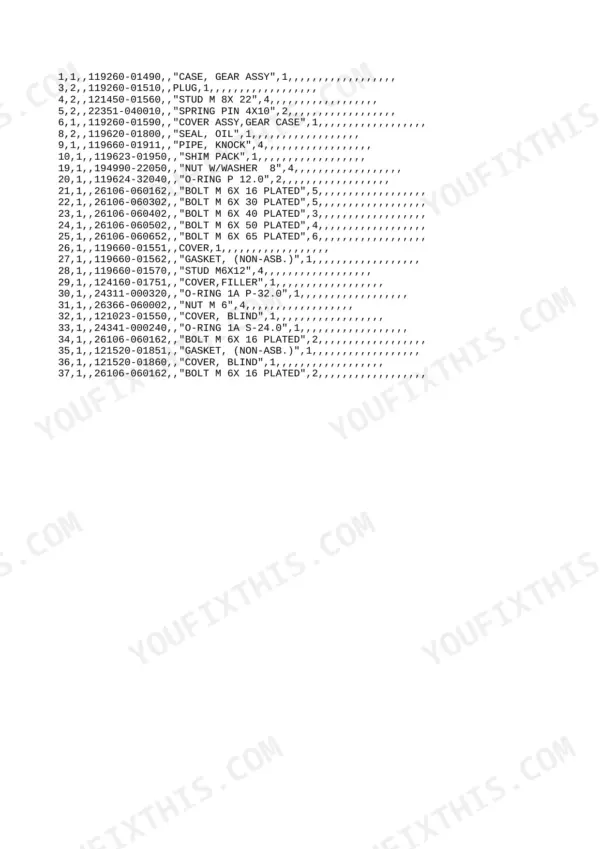 Yanmar 3TNE68-EBVB, Y00B6920 parts list for gear case assembly, including bolts, o-rings, and covers.