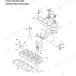 Yanmar ViO50-6A exploded view of 2-valve cylinder head components, including valves, springs, rocker arms, and head gasket.