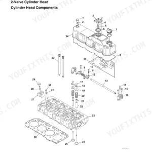 Yanmar ViO50-6A exploded view of 2-valve cylinder head components, including valves, springs, rocker arms, and head gasket.