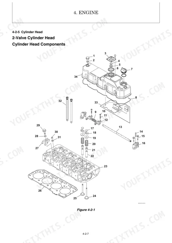 900b0ada-b2-exploded-view-96 Yanmar ViO50-6A exploded view of 2-valve cylinder head components, including valves, springs, rocker arms, and head gasket.
