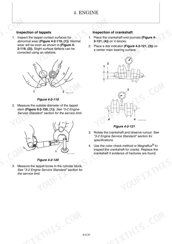 Yanmar ViO50-6A engine service manual: procedures for inspecting tappets and measuring crankshaft runout with diagrams.