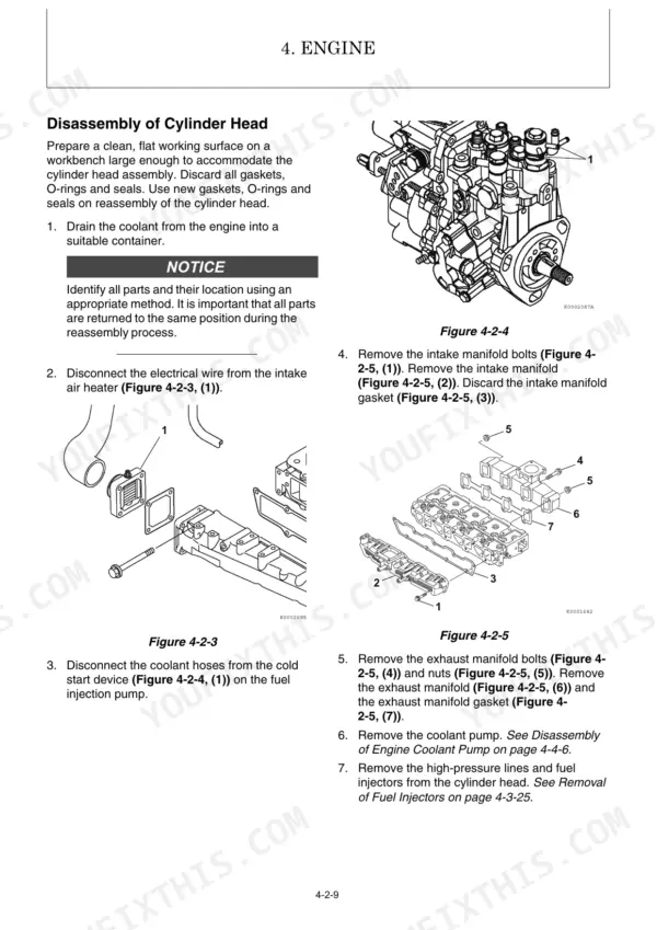 Yanmar ViO50-6A cylinder head disassembly procedure, including intake and exhaust manifold removal diagrams.