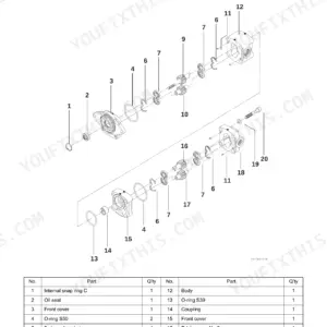 Yanmar SV05-A, SV05-B hydraulic gear pump exploded view diagram and parts list with numbered components.