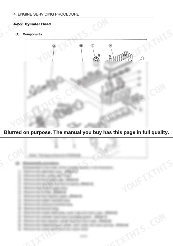 91d454f4-b-exploded-view-75 Yanmar C50R-3(R) engine cylinder head exploded view and disassembly procedure for 4TNE94-98 engine components.