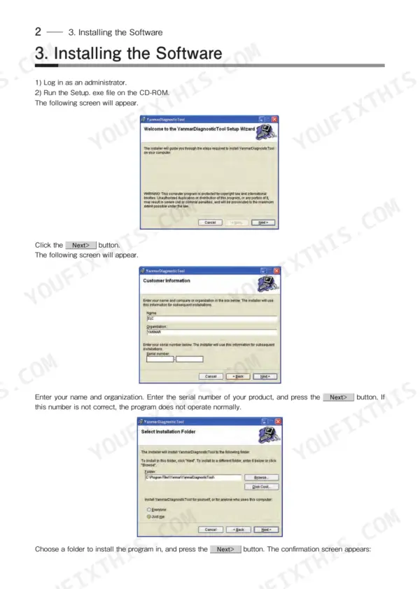 Yanmar TNV Series Engine Diagnostic Service Tool, software installation wizard steps.