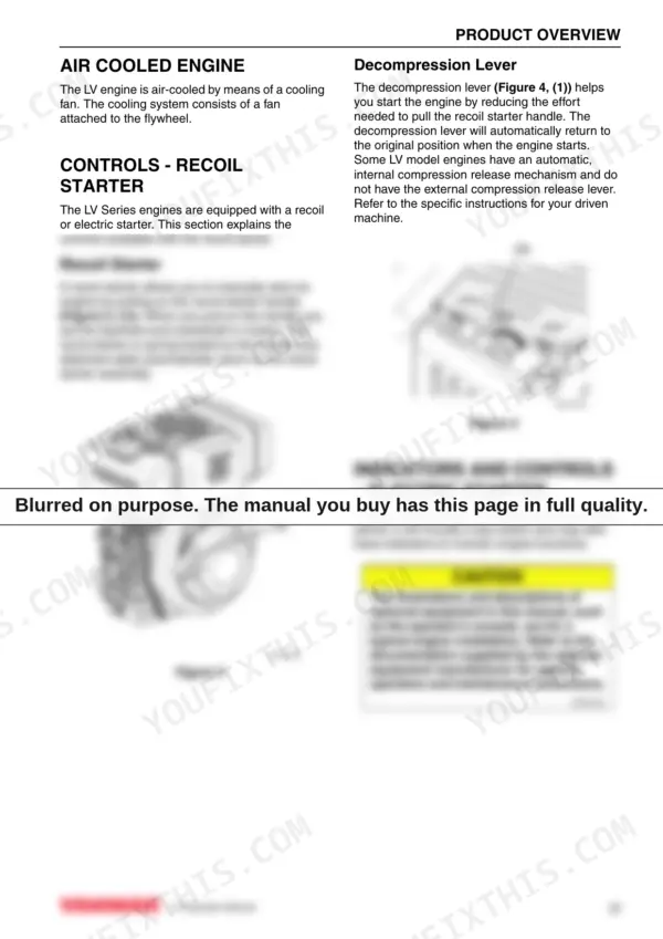 93cf0ade-b-controls-37 Yanmar L48V, L70V, L100V, LV series manual showing recoil starter, decompression lever diagrams, and engine controls.