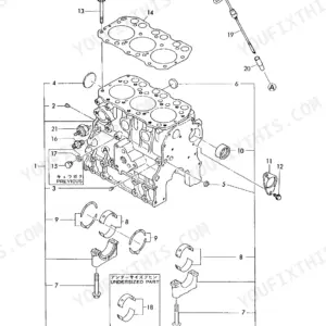 Yanmar 3TNA72L-UB parts catalog page: exploded view diagram of cylinder block and main bearings.