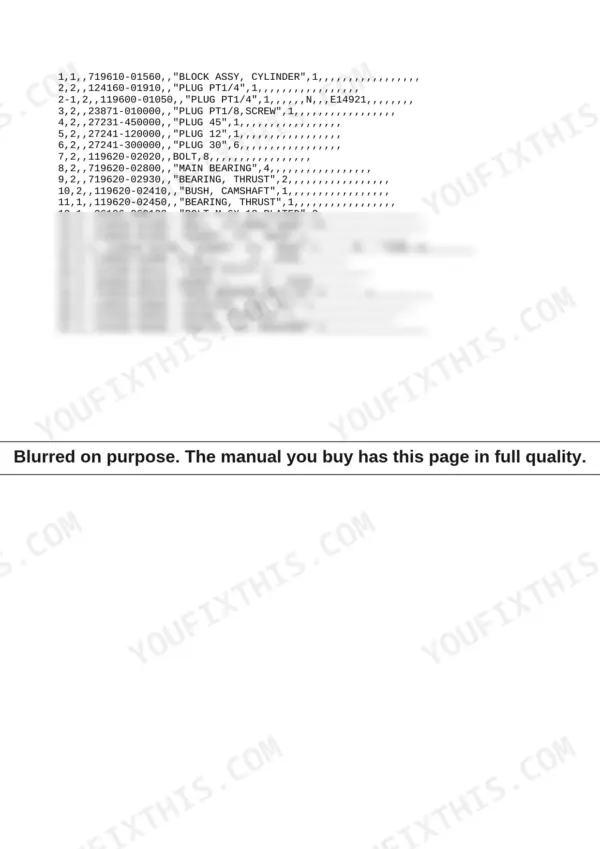 Yanmar 3TNA72L-UB parts catalog page: parts list for cylinder block, bearings, and oil components.