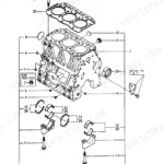 Yanmar 3TNE82A-B1, B27-2B exploded view of cylinder block, main bearings, and cylinder head gasket assembly.