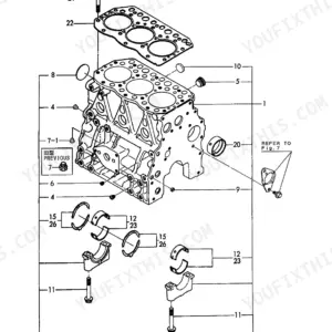 Yanmar 3TNE82A-B1, B27-2B exploded view of cylinder block, main bearings, and cylinder head gasket assembly.