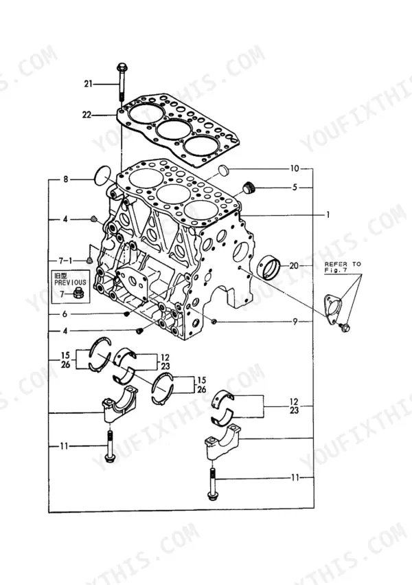 9570b8c0-b-exploded-view-3 Yanmar 3TNE82A-B1, B27-2B exploded view of cylinder block, main bearings, and cylinder head gasket assembly.