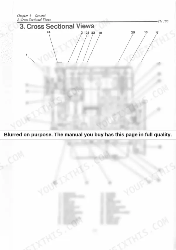 9640329f-b-exploded-view-12 Yanmar 3TN100E, 4TN100E, 4TN100TE, TN 100 series engine cross-sectional view diagram with numbered component parts list.