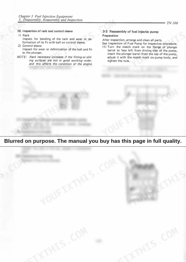 Yanmar 3TN100E, 4TN100E, 4TN100TE, TN 100 series fuel injection pump reassembly, inspection, and torque specifications.