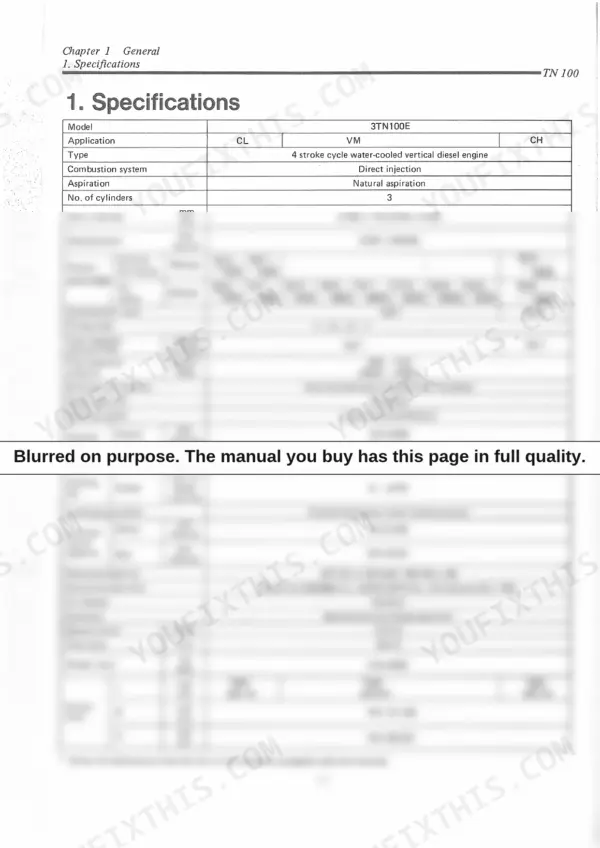 Yanmar 3TN100E, 4TN100E, 4TN100TE, TN 100 series engine specifications table including bore, stroke, and displacement.