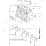 Yanmar 4TNE88-ETBC, TB150C, 4TNV88-QTBC exploded view of cylinder block, main bearings, and head gasket components.