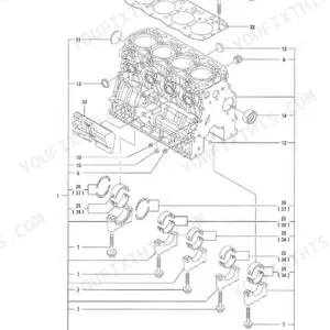 Yanmar 4TNE88-ETBC, TB150C, 4TNV88-QTBC exploded view of cylinder block, main bearings, and head gasket components.
