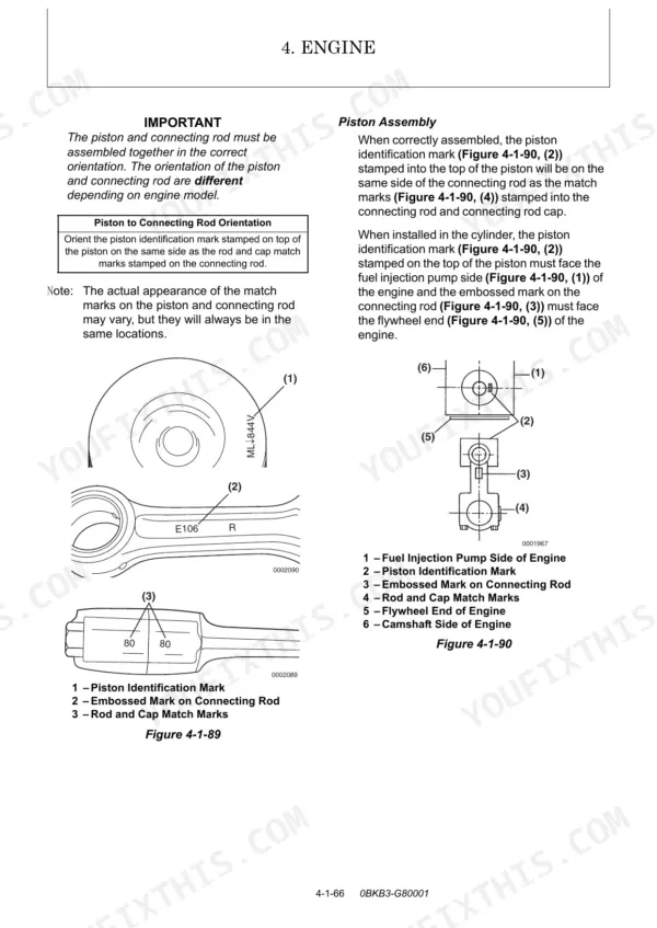 Yanmar ViO80 engine service manual: Piston and connecting rod assembly orientation diagrams and installation procedures.